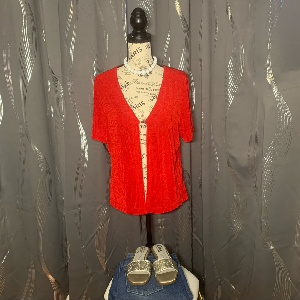 Vintage Molly Malloy Short Sleeve V Neck Red Rayon Cardigan Size Petite Medium